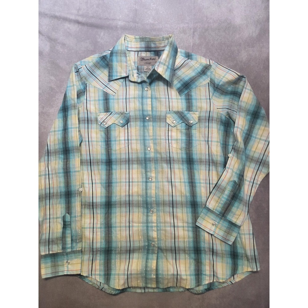 Wrangler Women's Wrancher Plaid Pearl Snaps Shirt Size XL Teal Silver Western
